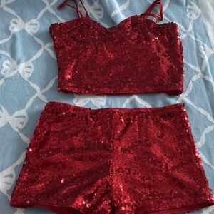 Red Sequin Crop Top and Shorts Set